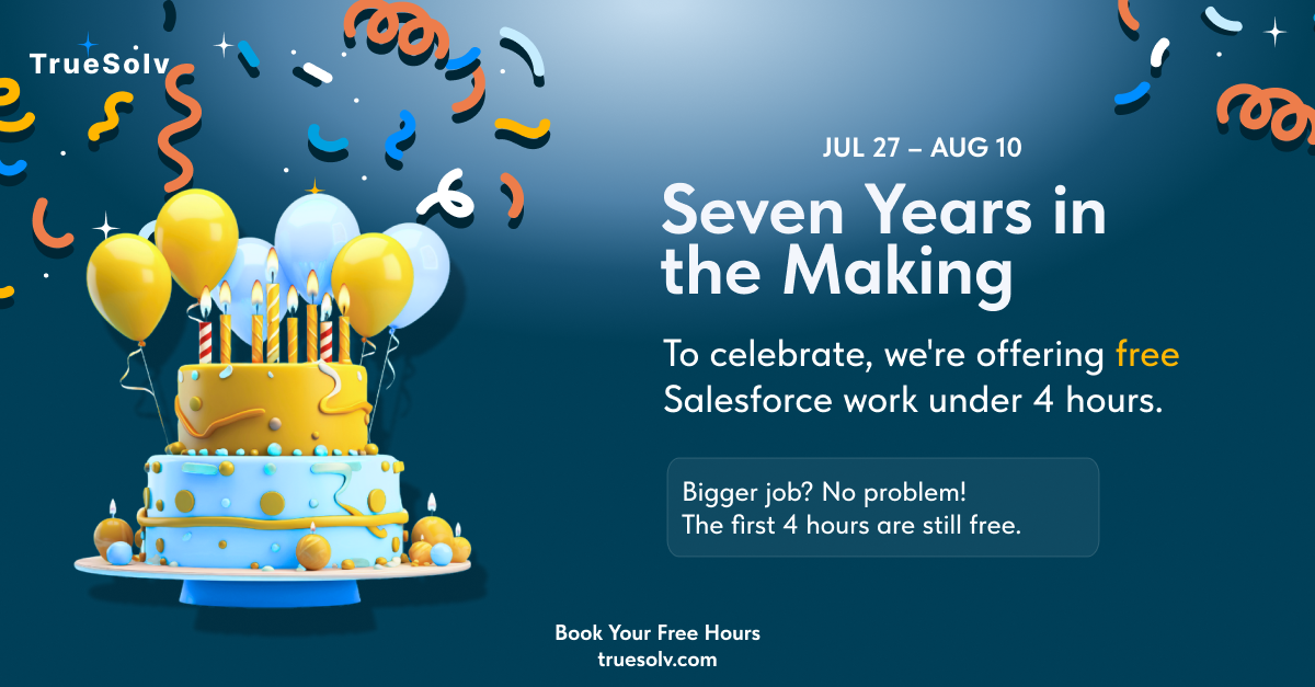 TrueSolv seven year anniversary campaign — seven years in the making celebration graphic with free Salesforce hours offer through August 10