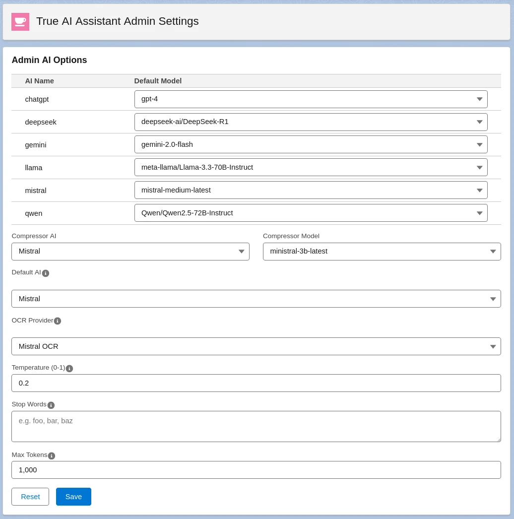 True AI Assistant Admin Settings with default models per AI provider, compressor AI and OCR provider