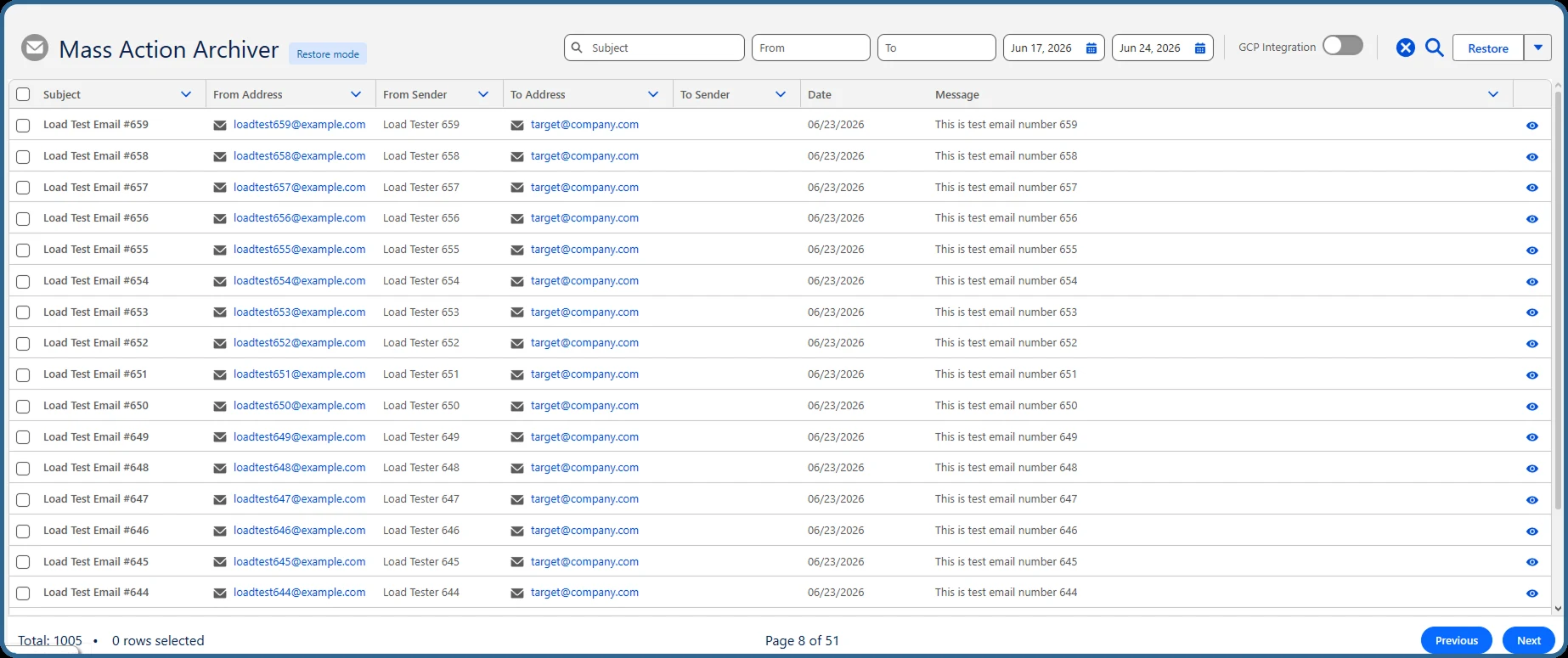True Archiver Mass Action Archiver in Salesforce with a filtered list of email messages ready to archive